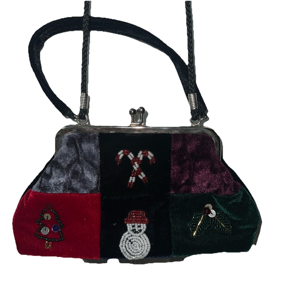 VTG Black Beaded Sequin Christmas Strap Clutch Purse
